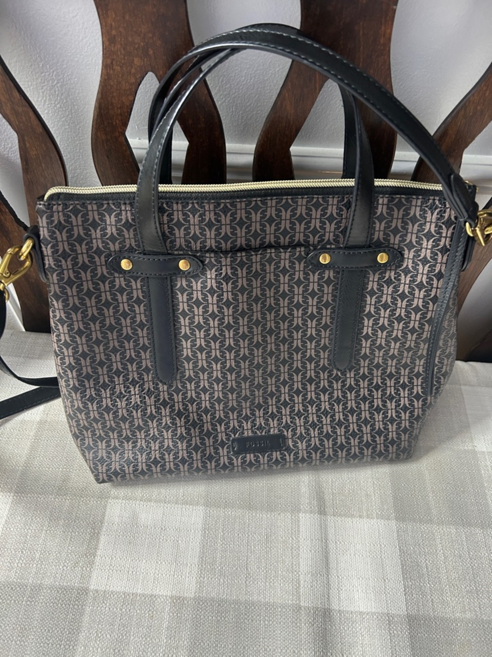 Vintage Fossil Monogram Satchel with Black Trim